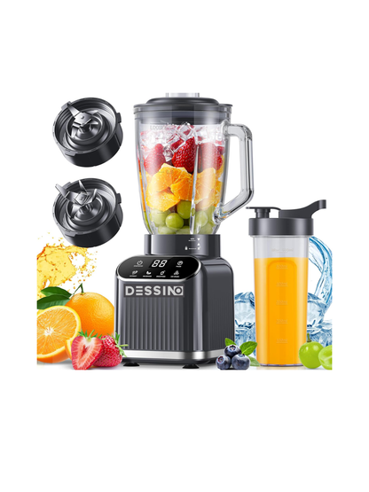 DESSINO Touchscreen Batidora de vaso de 1200 W, Jarra de 1,5 L, 6 cuchillas extraíbles, Acabado acero-inoxidable,5 funciones para triturar hielo y frutas congeladas, vaso portátil de 710 ml.Color gris.