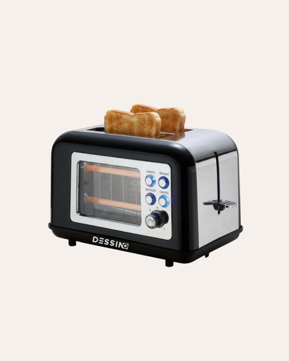 DESSINO – Tostadora Vintage de Acero Inox.800W 2 Ranuras Anchas,140x35mm,2 Rebanadas de Pan,7 Niveles,4 Funciones,Ventana de Cristal de Control, Apagado y Pop-up Automático