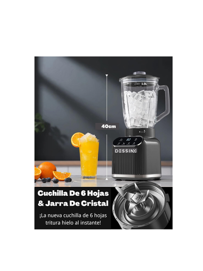 DESSINO Touchscreen Batidora de vaso de 1200 W, Jarra de 1,5 L, 6 cuchillas extraíbles, Acabado acero-inoxidable,5 funciones para triturar hielo y frutas congeladas, vaso portátil de 710 ml.Color gris.