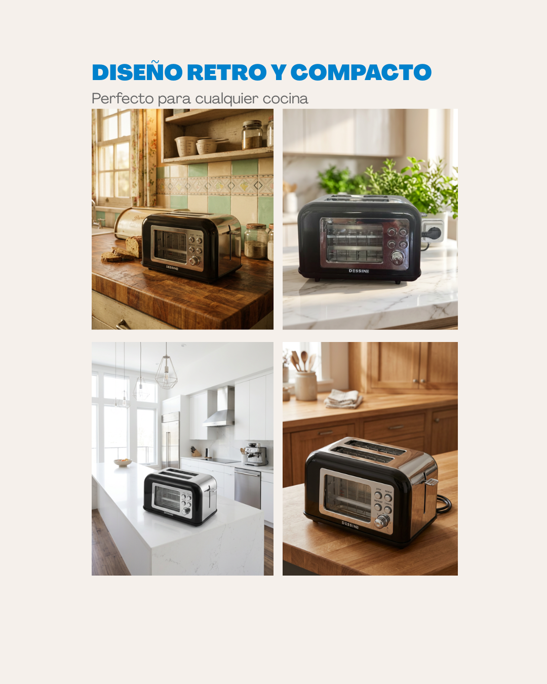 DESSINO – Tostadora Vintage de Acero Inox.800W 2 Ranuras Anchas,140x35mm,2 Rebanadas de Pan,7 Niveles,4 Funciones,Ventana de Cristal de Control, Apagado y Pop-up Automático