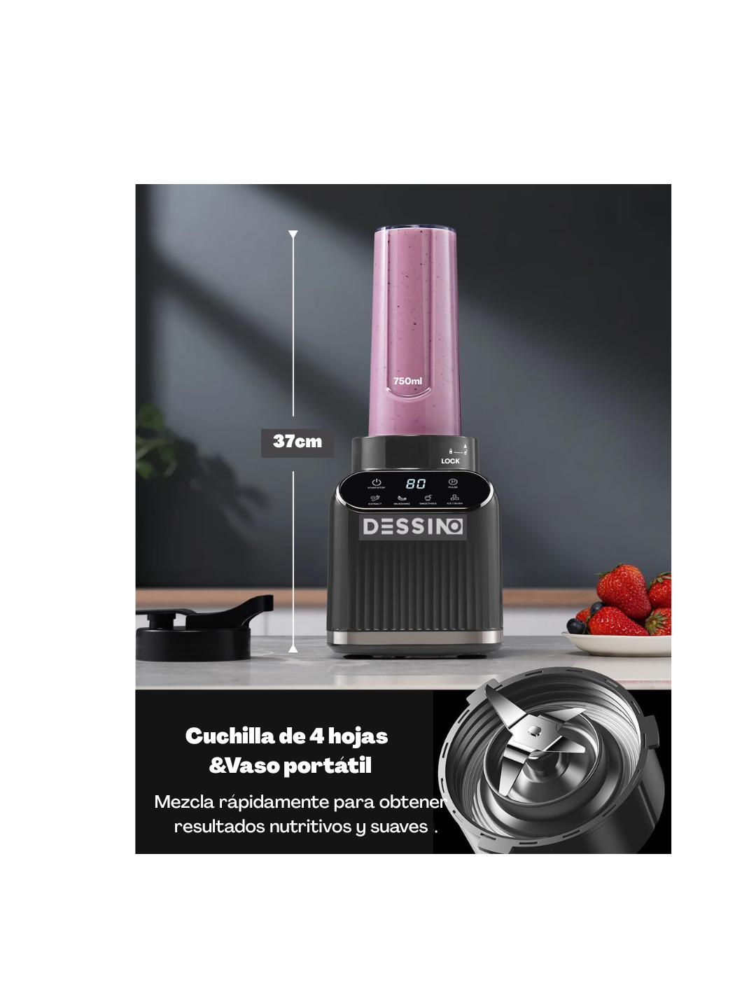 DESSINO Touchscreen Batidora de vaso de 1200 W, Jarra de 1,5 L, 6 cuchillas extraíbles, Acabado acero-inoxidable,5 funciones para triturar hielo y frutas congeladas, vaso portátil de 710 ml.Color gris.