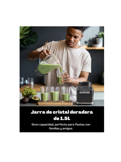 DESSINO Touchscreen Batidora de vaso de 1200 W, Jarra de 1,5 L, 6 cuchillas extraíbles, Acabado acero-inoxidable,5 funciones para triturar hielo y frutas congeladas, vaso portátil de 710 ml.Color gris.