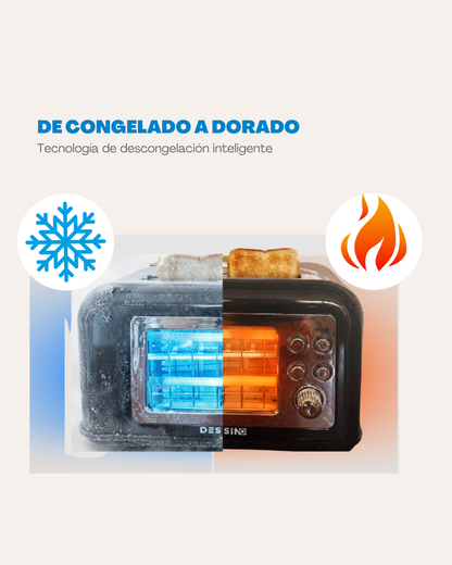 DESSINO – Tostadora Vintage de Acero Inox.800W 2 Ranuras Anchas,140x35mm,2 Rebanadas de Pan,7 Niveles,4 Funciones,Ventana de Cristal de Control, Apagado y Pop-up Automático