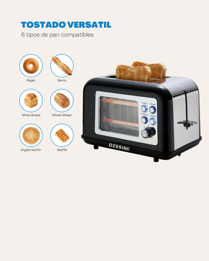 DESSINO – Tostadora Vintage de Acero Inox.800W 2 Ranuras Anchas,140x35mm,2 Rebanadas de Pan,7 Niveles,4 Funciones,Ventana de Cristal de Control, Apagado y Pop-up Automático
