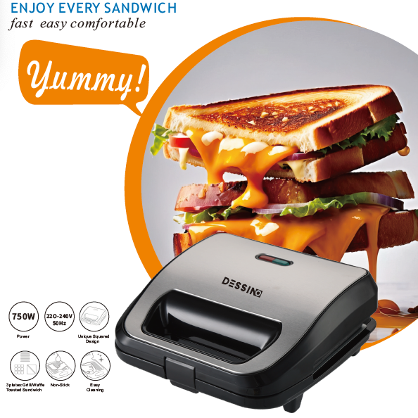 Sandwichera Premium 3 en 1 con 3 placas desmontables